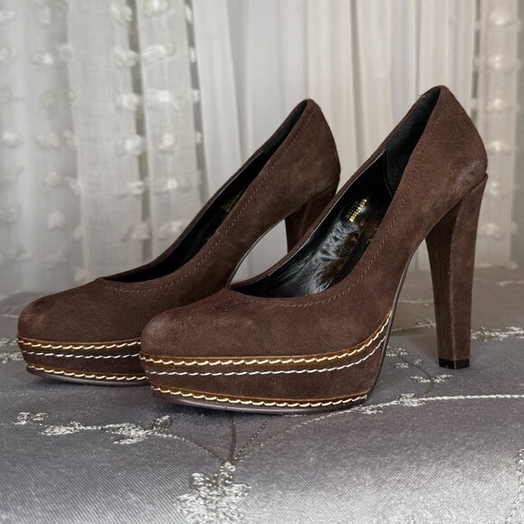 Paco Gil Shoes - Paco Gil Brown Suede Welty Topstitched Platform High Heel Pumps Size 5.5 W